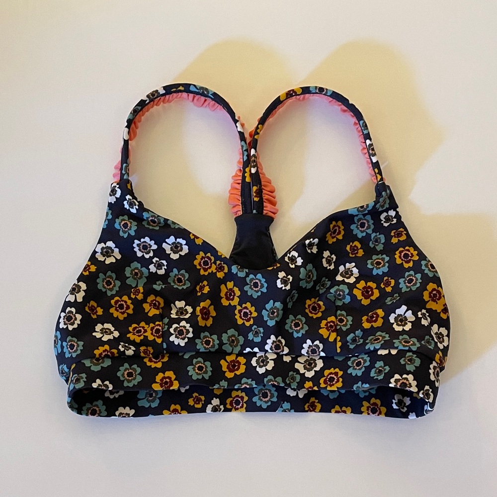 The Upside Sports Bra Atacama Larri Floral Print Ruffle Strap Indigo Athleisure